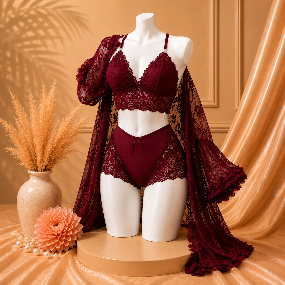 Bridal Fancy Net 3pc Nighty With Short Gown