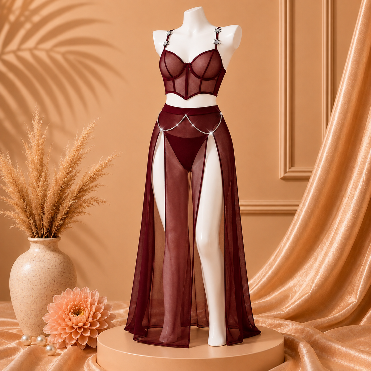 Soft Net Nighty With Pearl Chin