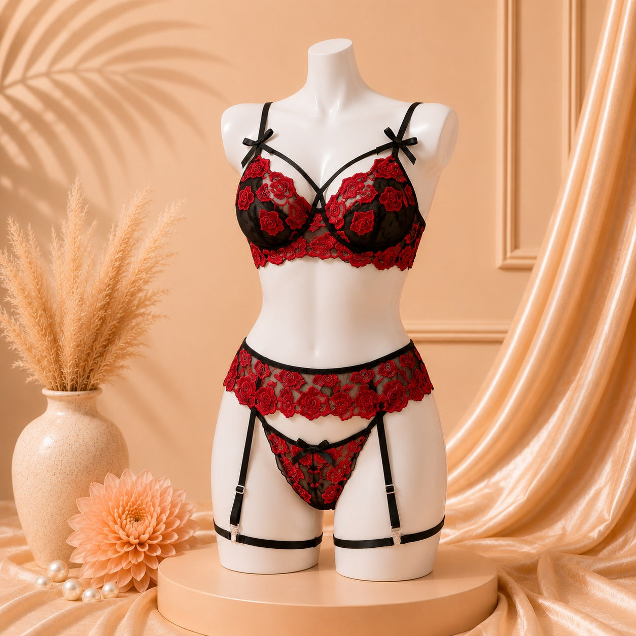 Soft Net Set With Red Flower & Garter