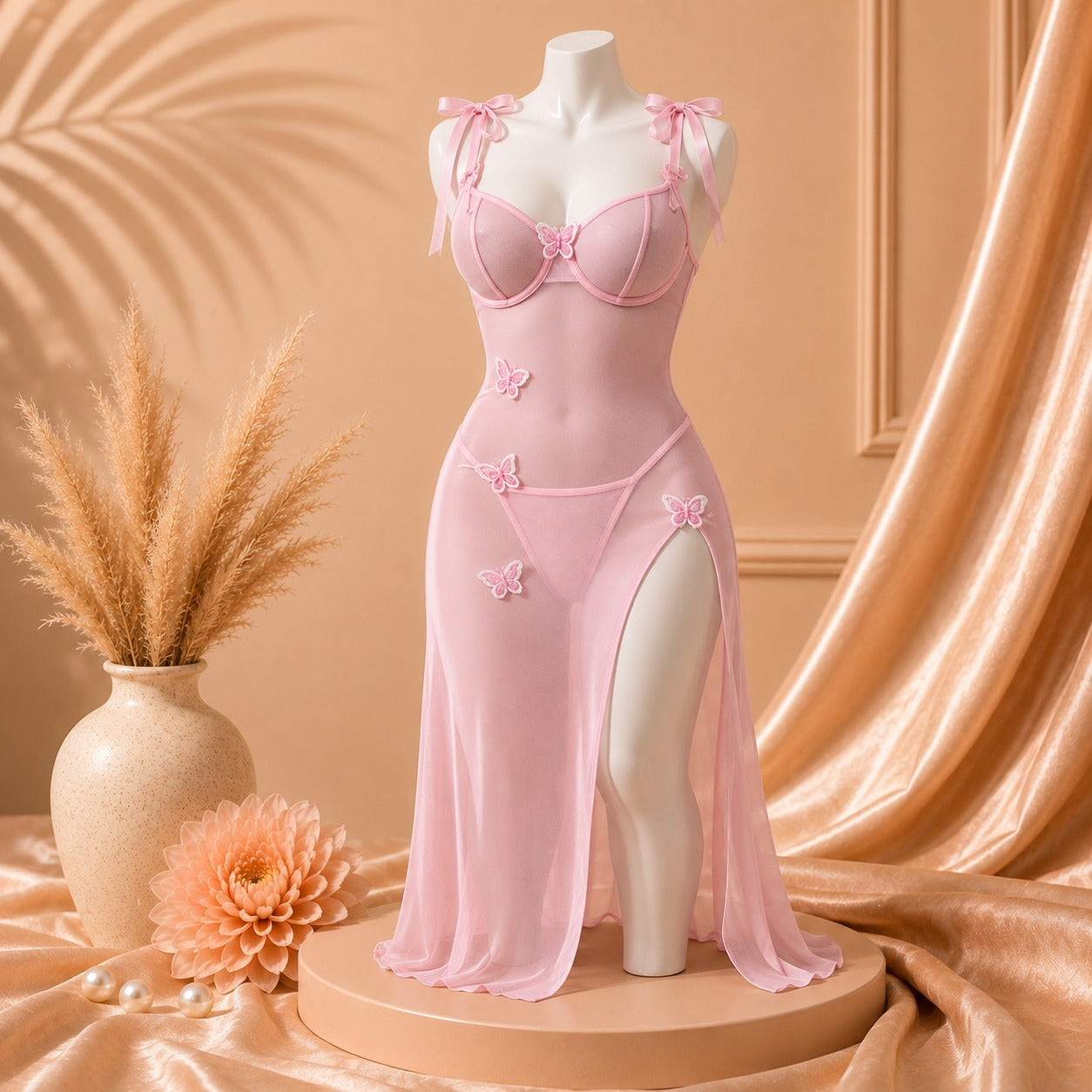 Soft Net Long Nighty With Side Cut